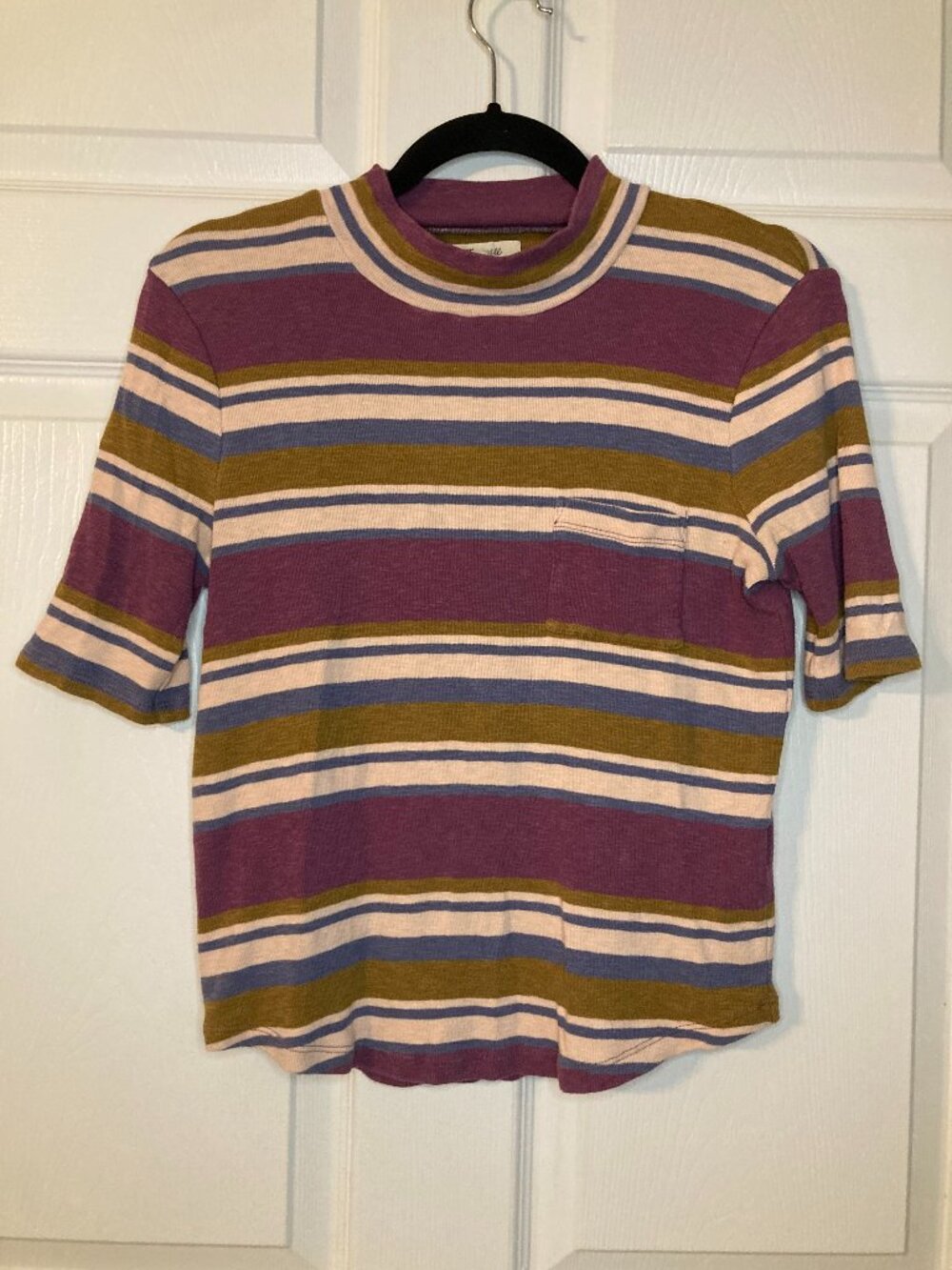 Madewell Women's Mockneck Shirttail Tee in Stripe - Left Chest Pocket - Size M